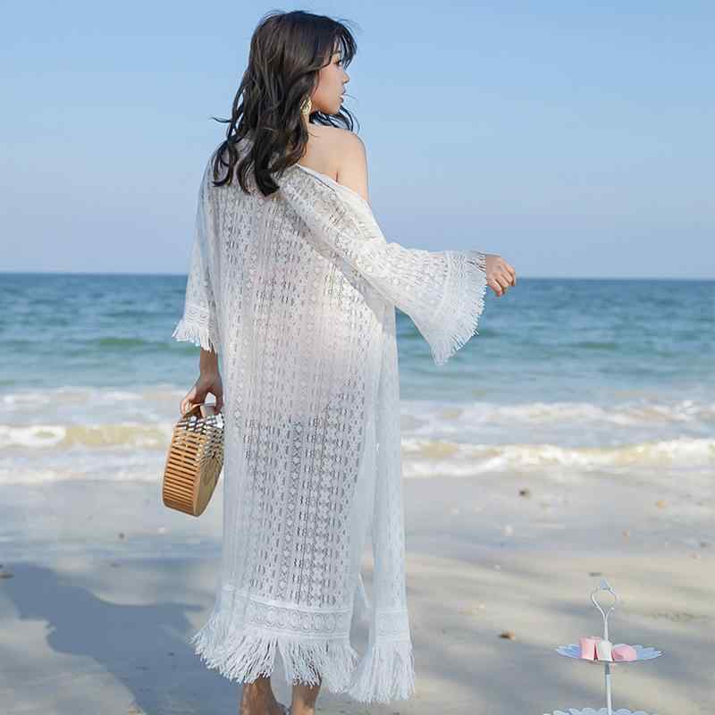 Rakuten - 透かし 彫りの レースの フリンジカーディガンの 女性の 中の 長い タイプの ストールの 外で 夏服の 薄い コートの 海辺の 休暇の 砂浜の 日焼け 止めの 服を 掛けます。