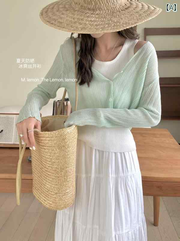 Rakuten - 氷の 糸の 日焼け 止めの ブラウスの 女性の 薄い タイプの 夏の v ネックの 長袖の ゆったり して いる ニットの カーディガンの 短い タイプの ショールの エアコンの シャツの 外で 合わせます。