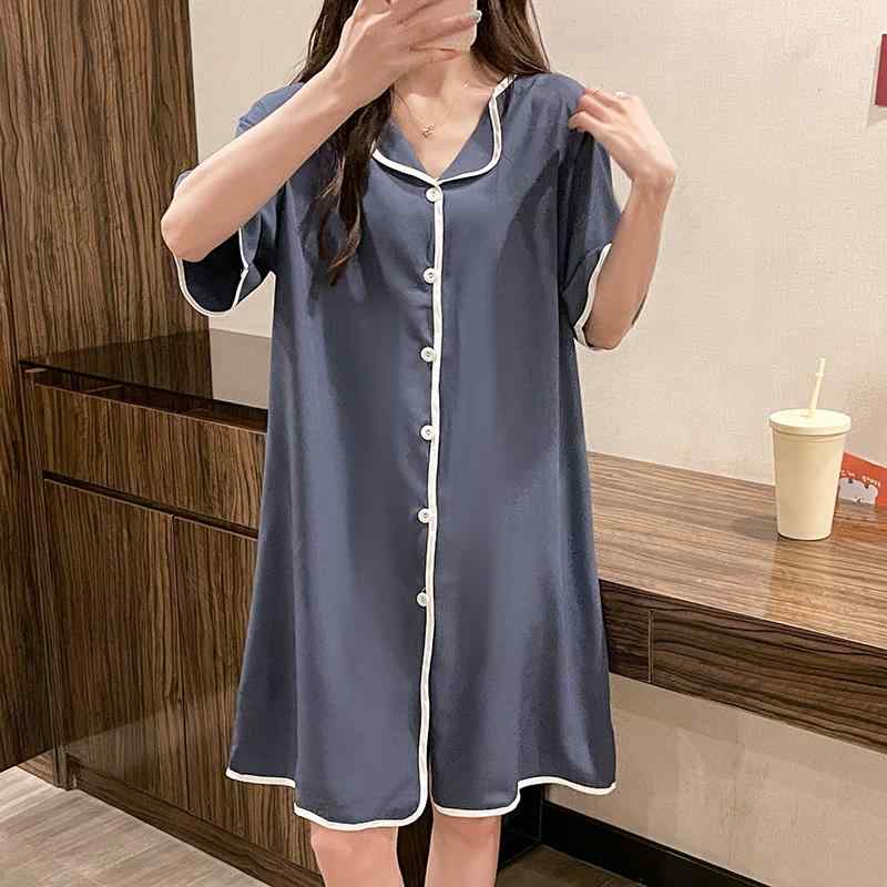ワンピース レディース 夏用 薄手 短袖 接触冷感 ワイドシルエット 大きいサイズ ゆったり 開襟 寝巻き 部屋着 ホームウェア Vネック 軽量 吸湿速乾 ポリエステル 再生繊維 かわいい ピンク グレー パープル レッド ブラック ブルー ホワイト 女