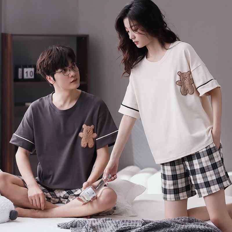 パジャマセット 男女カップル用 純棉 夏用 ホームウェア 短袖 短パン かわいい小熊プリント 格子柄 薄手 丸首 吸湿速乾 居家 リラックス コットン100 軽量 通年対応(4.0)