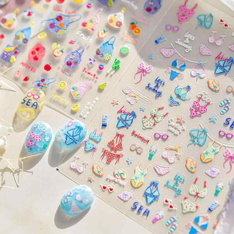 指甲 ステッカー 浮き彫り かわいい カード トゥーン 網目 フルーツ 装飾 ネイルアート 夏 日 スイム ウェア パターン ユニセックス