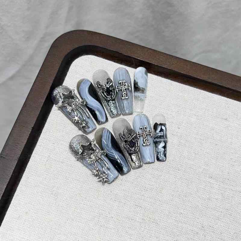 レディース ファッション アクセサリー ダーク系 着脱式 甲片 デザイン 高級感 ハンドメイド 美甲 仕上げ 個性派 ブラック 星光 スター モチーフ 偽物 指甲 伸縮性 軽量 かわいい スタイル 猫眼 フレンチ スイート ビンテージ インスピレーション