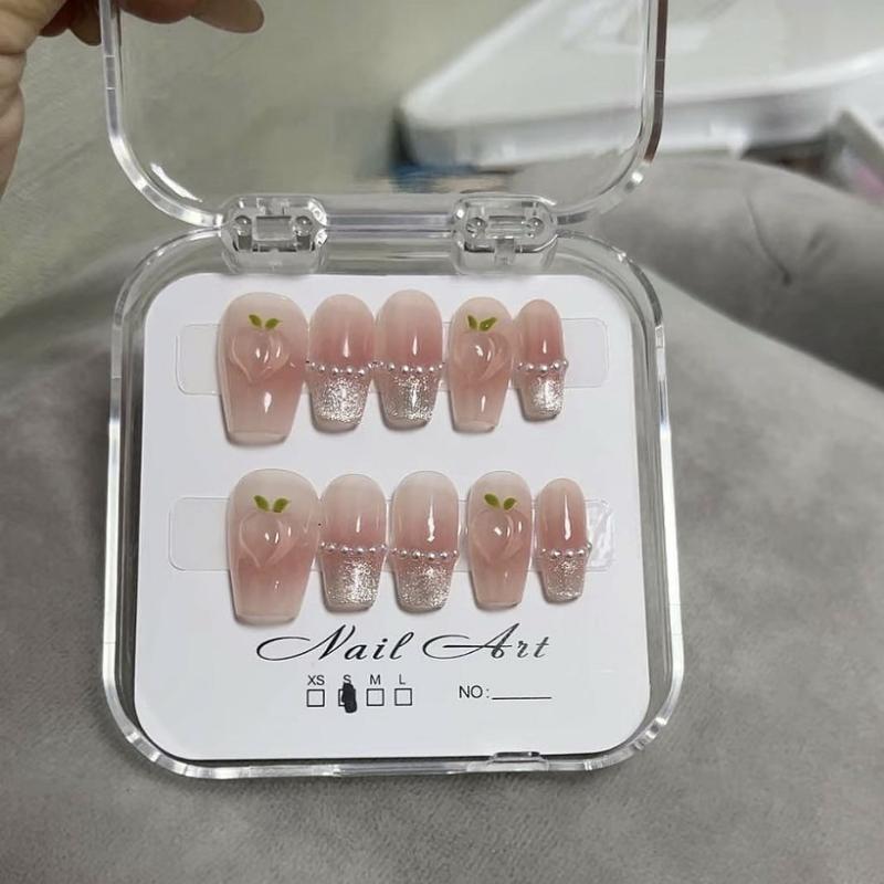 レディース ネイルチップ 春夏 ヌードカラー ピーチ柄 かわいい 手作り 光硬化 簡約スタイル 桃子 星空 パターン 短梯形 中梯形 楕円形 XS S M L サイズ 着用式 女性用 軽量 普段使い