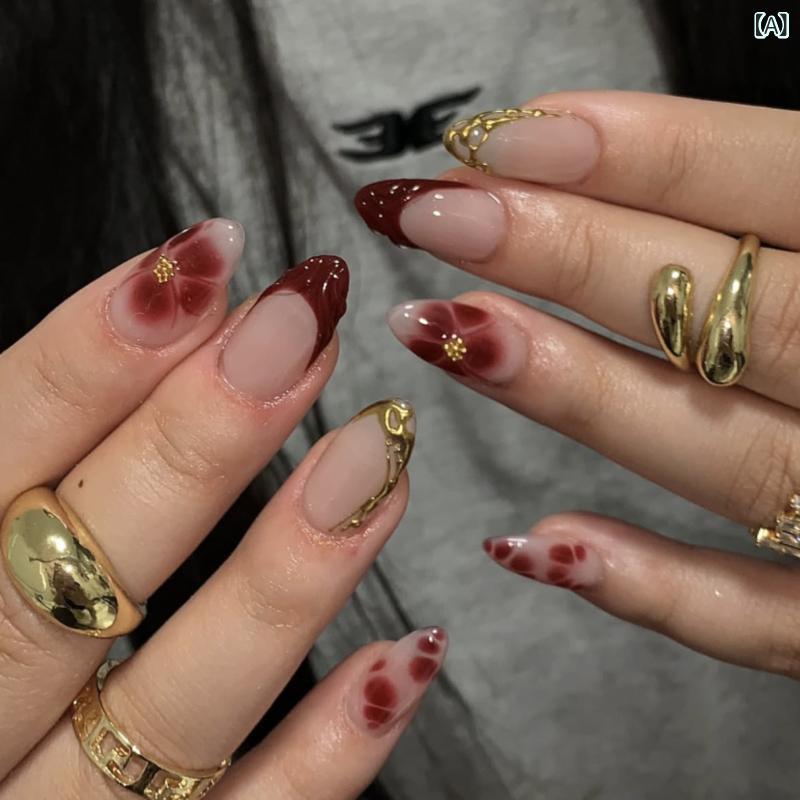 レディース 3D フラワー フレンチ ネイル スティッカー 花びら 花柄 デザイン かわいい 短め アーモンド シェイプ 付け爪 シール 簡約 スタイル 女性用 簡単 装着 日常使い ピンク ブラウン カラーバリエーション 軽量 薄型 耐久性