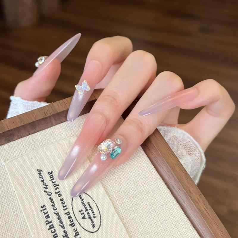 美甲 女性用 かわいい 猫眼 甘美 透明 フレッシュ インスピレーション 風 純粋 欲求 ショート 着用式 紫 ヒョウ柄 蝶結 リボン ステッ..