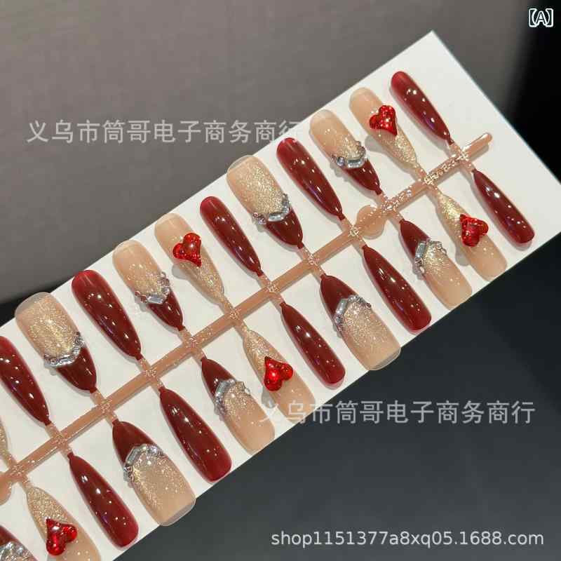 つけ爪 メンズ レディース ユニセックス 酒紅 フレンチスタイル ハート型 百搭 手作り 超薄無痕 接触冷感 アイス 風通し 透明 アイコニック スタイリッシュ つけ外し可能 完成品 ネイルチップ 指先アクセサリー 日常使い デイリー 指先美 指先ファッ