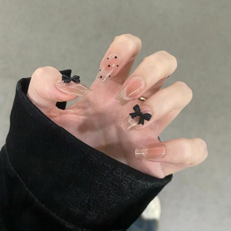 つけ爪 女性用 猫眼風 黒 蝶々結び 蝶柄 ポルカドット 復古 フレンチスタイル 人工ネイル 極光風 インスピレーション チャイナ風 着用式 短方形 中長 バレエ風 特小号 小号 中号 大号 軽量 伸縮性 かわいい 普段使い