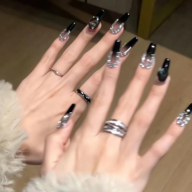 ネイルシール 長款 ブラック 甘クール 風 爆闪 アイス 透け インスピレーション スタイル 純欲 指甲 ステッカー 偽爪 かわいい クール 黒 ダイヤモンド 風 ジェル タイプ 軽量 粘着 シート セット 簡単 貼り付け セルフ ネイル キット 女性用