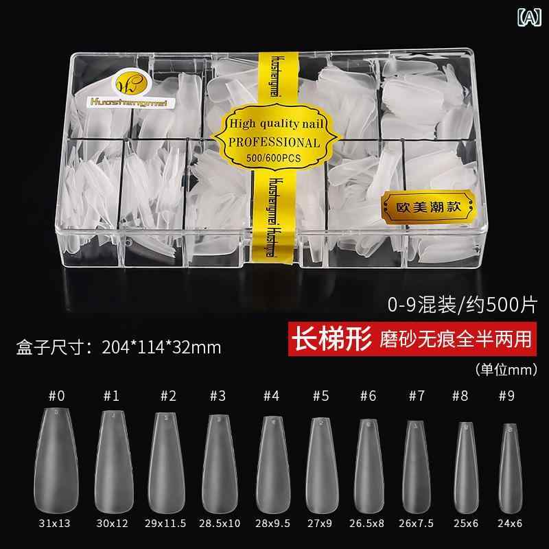 ネイル チップ セット 磨砂加工 長梯形 高品質 無痕 免刻 人工爪 プロ仕様 超薄 透明 短款 長款 中款 楕円型 水滴型 長尖型 0-9号 500枚入り 伸縮性 軽量 自然仕上げ 通勤用 普段使い