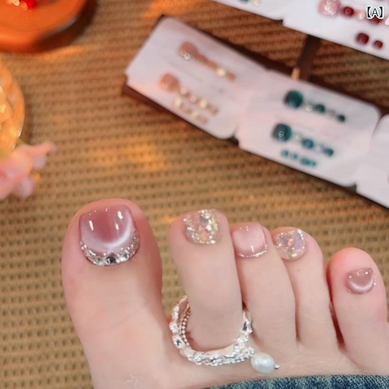レディース フットネイル つけ爪 偽爪 ステッカー ピンク系 ミラード 猫目石 ジルコニア 春桃色 星空柄 スイート グリッター クリア ヨーロピアンスタイル かわいい 軽量 伸縮性 穿戴式 S M L サイズ 女性用 足指用 トゥネイル ビューティー