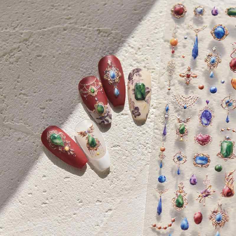 ネイルシール 指甲ステッカー 宮廷風 宝石 トーテム 烫金 パターン 復古 軽奢風 葉っぱ チェーン 国産 貼り付け 装飾 アクセサリー デザイン 華やか ゴールド シルバー ローズゴールド 琉璃花 国色天香 浮雕 猫眼 珠光 宝気