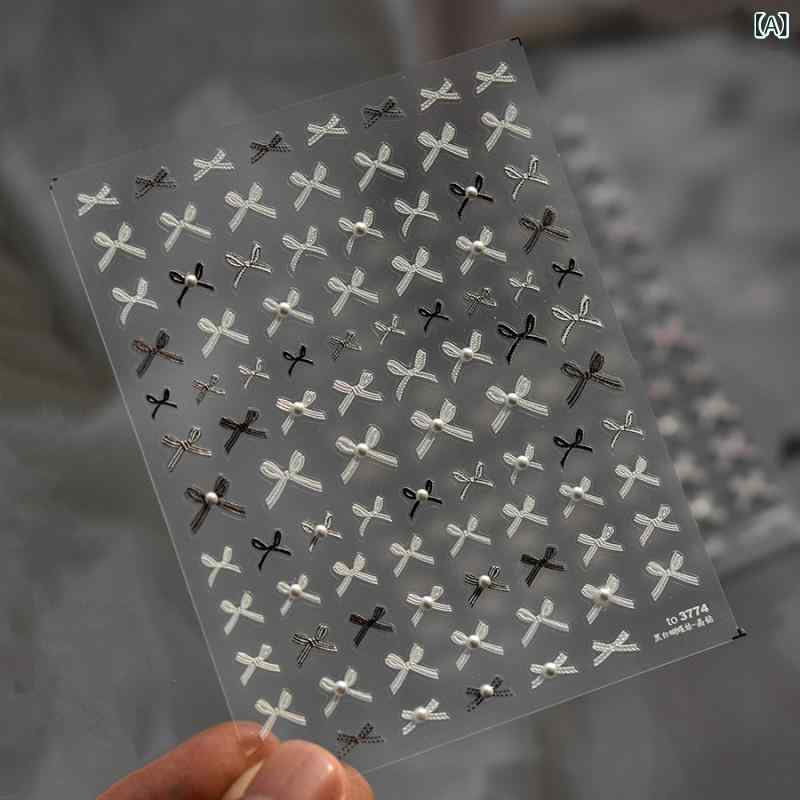 ネイル ステッカー 5D 立体 蝴蝶結 珍珠 装飾 浮雕 欧根纱 クリスタル ピンク ブラック シンプル インスピレーション 風 指先 デコレーション かわいい アクセサリー セルフネイル キット 日常使い