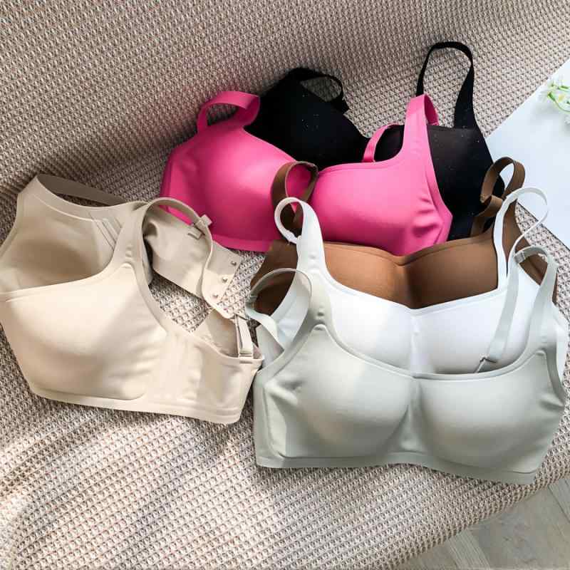 Underwear, Sleepwear - ブラ 無鋼 方領 無痕 女性 薄型 薄カップ 3/4カップ 小胸用 寄せ上げ 透気 ナイロン 固定肩紐 伝統スタイル 光面 白色 灰緑 黒 肌色 ピンク ブラウン S M L XL 通年用