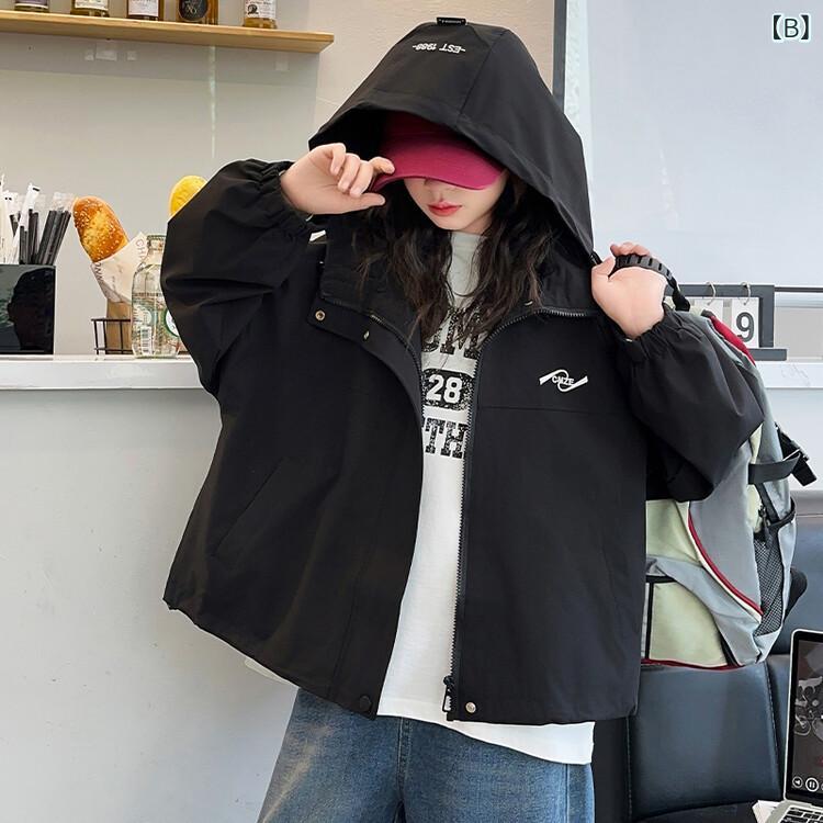 女児 秋冬 ジャケット 女の子 中学生 大きめサイズ 緑 黒 長袖 フード付き ポリエステル 混紡 柔軟素材 普通厚 短丈 韓国風 潮ファッション 純色 春秋 子供 屋外 普段使い 軽量 伸縮性 吸湿速乾 安全 B級 実用 ラフスタイル - 3