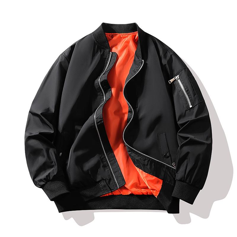 Parka - メンズ ジャケット MA1 飛行パイロット コート 棒球服 アウター コットン 長袖 無帽 合体型 ジップアップ 耐摩耗 防風 高色牢度 化繊混紡 ナイロン100% ポリエステル裏地 直裾 側ポケット 貼布装飾 免烫加工 純色 黒 軍緑 秋冬 春秋 厚手