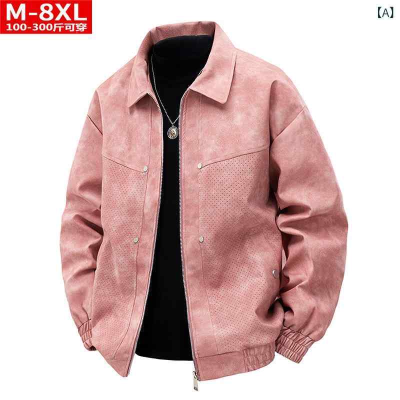Parka - メンズ ジャケット 春秋 港風 方領 バイカー PU皮革 プラスサイズ ゆったり ルーズフィット 耐磨 防風 色牢度高 ポリエステル100% 長袖 ジッパー サイドポケット ステッチ ミリタリー ピンク ブラック キャラメル ミリタリーグリーン ライトグ