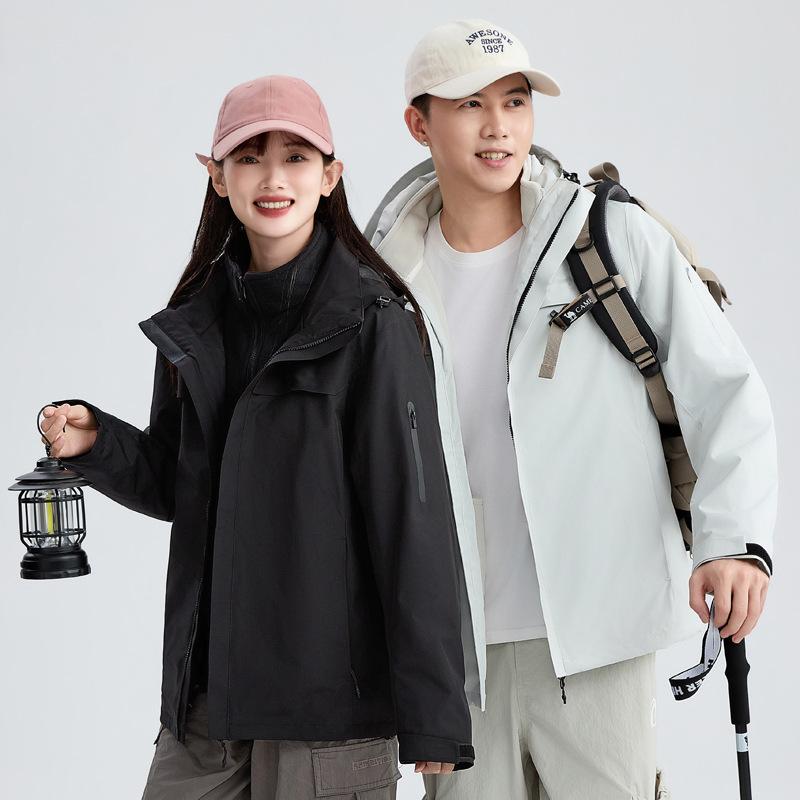 フード付き 防水 ジャケット 男女用 ツーピースセット 登山 アウトドア ウェア 透気性 保暖 耐摩耗 防風 吸湿速乾 涤纶素材 連帽 脱着可能 フリース内胆 徒歩 キャンプ サイクリング スキー クライミング 純色 朱雀レッド グレー ホワイト ブラッ