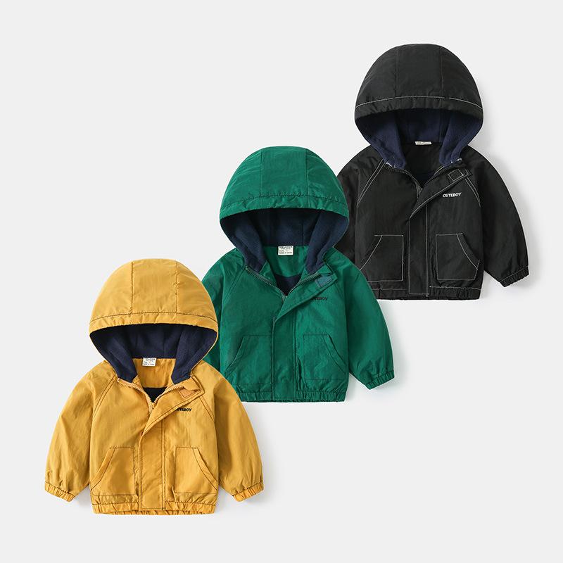 Blousons, Jumpers - キッズ 男の子 秋冬 フリース ライナー ジャケット 工装風 外套 日系 スタイル ゆったり デザイン フード 付き ジッパー 長袖 インクグリーン イエロー ブラック 色 選択 可能 化学繊維 ポリエステル 素材 柔らかい 加工 短丈 タイプ ストリー