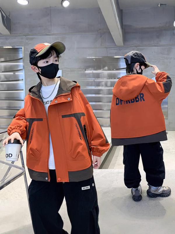 Coat - キッズ 男の子 春 ジャケット 工装風 短丈 長袖 開衫 ポリエステル混紡 柔軟素材 橘色 ブラック 120cm 130cm 140cm 150cm 160cm 170cm 子供 服 トップス ミドルサイズ ボーイズ 春服 ミリタリースタイル 軽量 速乾