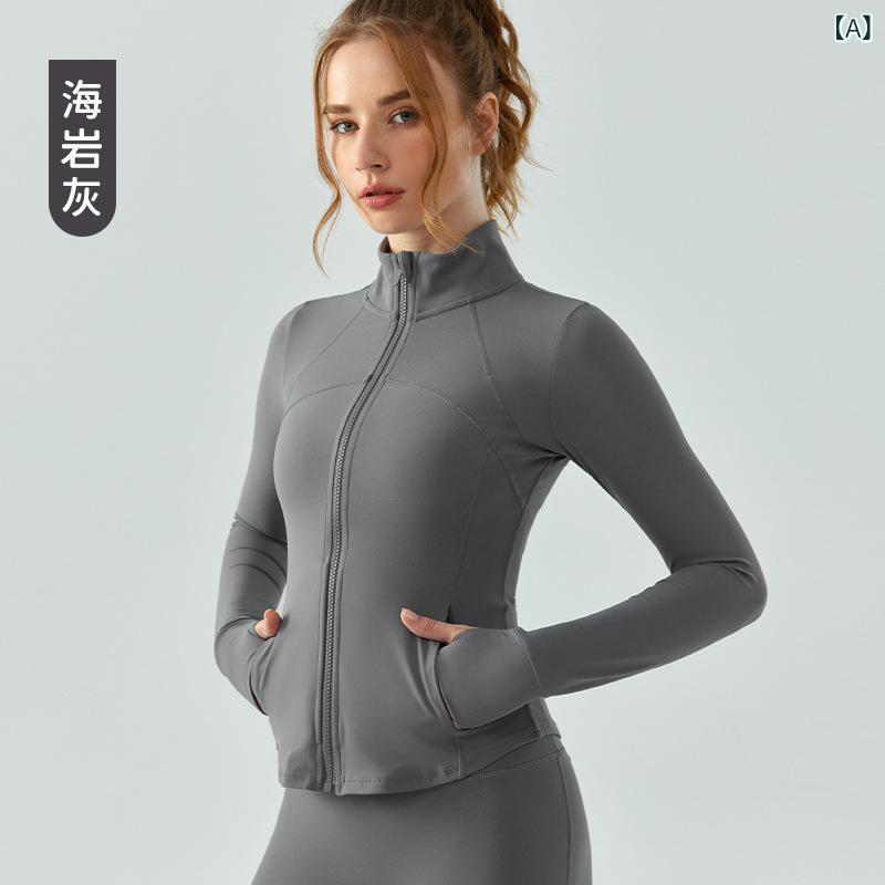 Other Jackets Jumpers - レディース ヨガ フィットネス 長袖 防風 ジップアップ カーディガン スリムフィット 伸縮性 ナイロン スパンデックス ミックス 素材 及腰丈 秋冬 スポーツ アウトドア トップス グレー カーキ ピンク ブラック