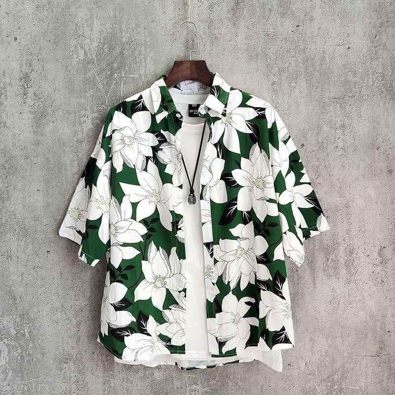 メンズ レディース シャツ トップス 港風 ルーズフィット 短袖 開襟 薄手 花柄 プリント 夏 ハワイアン ビーチ 緑 緑葉柄 葉柄 緑 涼しい 涼感 ポリエステル ポリエステル繊維 ビッグサイズ ゆったり 男女カップル 夏服 夏物 シャツ トップス