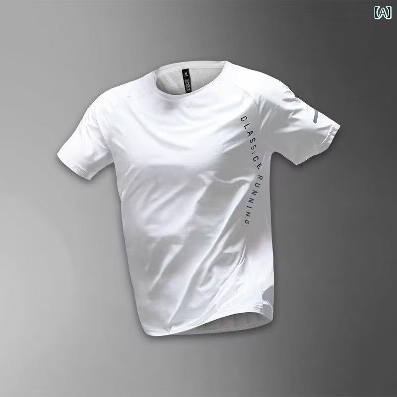 乐天商城 - メンズ Tシャツ 短袖 接触冷感 速乾 薄手 白色 黒 透気 高弾性 ゆったり 夏 ランニング トレーニング トップス 綿 ポリエステル 純色 字母柄 丸首 運動着 青春スタイル 成人 男性用