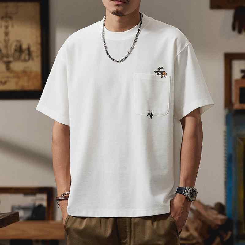 メンズ Tシャツ 短袖 丸首 麻 格子柄 ゆったり 落肩袖 白 宝藍 夏 抗菌 刺繍 動物柄 薄手 日常 青春 流行 軽量 通気性 綿混 再生繊維