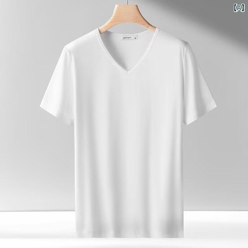 メンズ Tシャツ 短袖 Vネック 修身 薄手 純色 綿ポリエステル ゆったり 青年 半袖 居家 日常 夏 白 黒 緑 藍