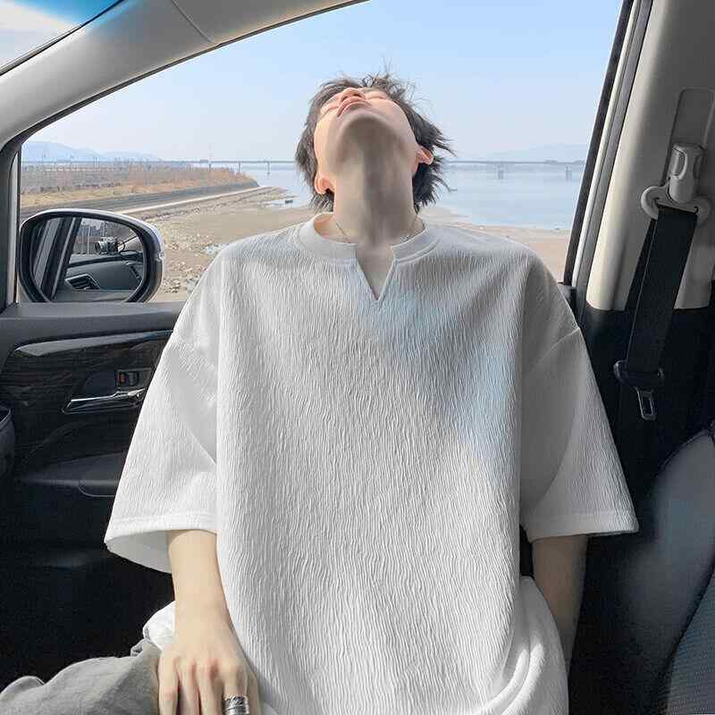 メンズ Tシャツ 短袖 Vネック ゆったり 夏用 白色 黒 灰 肌触り 良い ポリエステル 混紡 抗菌 加工 日常 着用 落肩袖 薄手 トップス 半袖 シャツ 無地 柄 デザイン 感 ゆったり シルエット 青年 向け 青春 流行 セット 頭 タイプ 袖