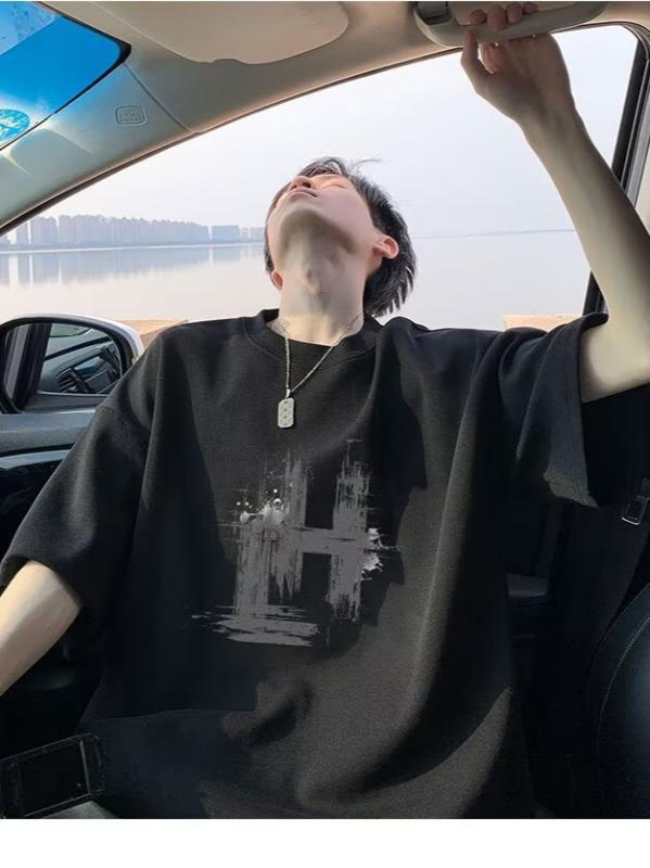 メンズ Tシャツ 半袖 トップス 牛乳シルク 再生繊維 接触冷感 薄手 丸首 落肩袖 ゆったり ルーズ オーバーサイズ 港風 アメリカンカジュアル 日常 黒 白 グレー ネイビー 夏 春夏 青少年 18-24歳