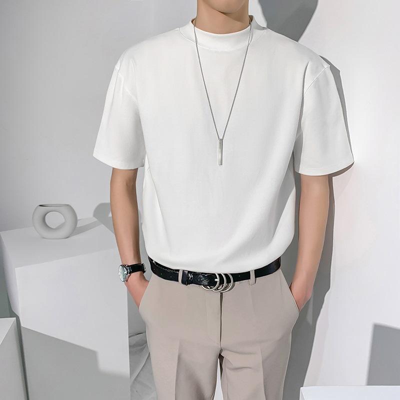 Other - メンズ 半高領 Tシャツ 短袖 夏季 韓国風 ゆったり 無地 トップス 合身 ポリエステル 軽量 日常着 白 黒 蛍光緑 天藍 紫 灰 ティーン 18-24歳 セットアップなし 普通厚 合体型 袖標準 無帽