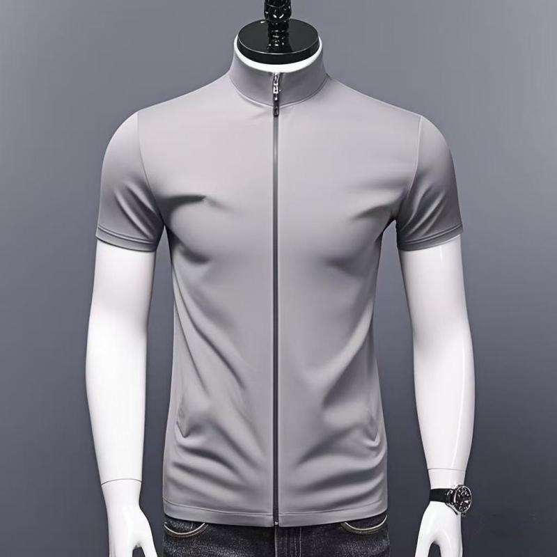 メンズ Tシャツ 短袖 開襟 ジップ 半袖 立襟 薄手 合体型 夏季 黒 浅灰 日常 青年 純色 幾何柄 ポリエステル 混紡 化繊 180-250g 軽量 涼しい トップス 男 春夏