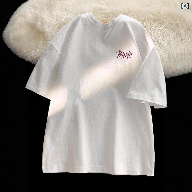 Rakuten - Tシャツ メンズ 短袖 夏 薄手 綿100% ロゴプリント ゆったり ルーズフィット 大きいサイズ 透気性 日常 カジュアル ホワイト ブラック グレー