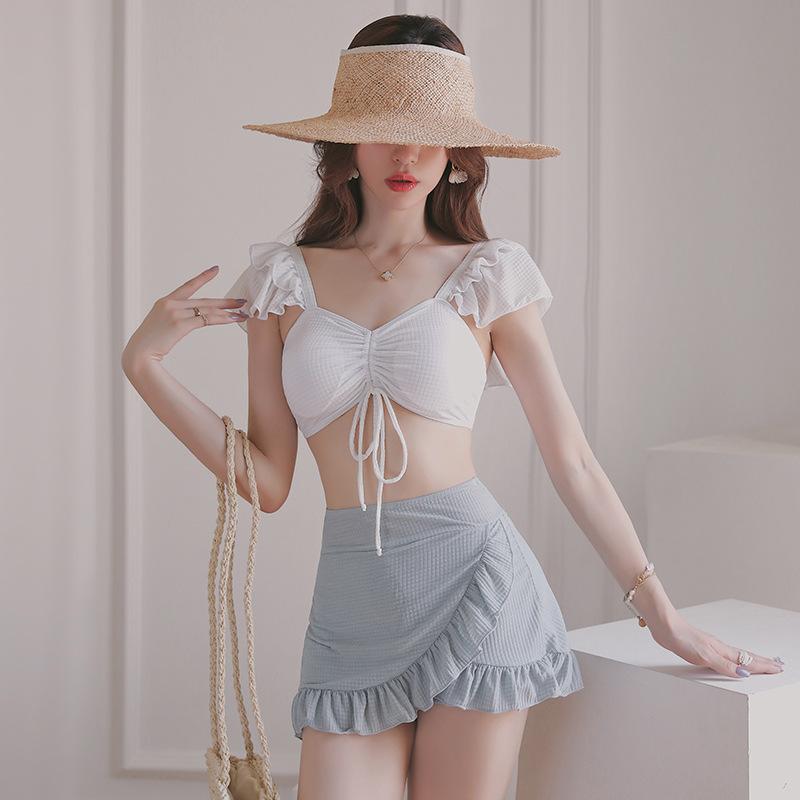 Women's Skirted Bikini Separates Swimwear Sexy Garter High Waist Tight Open Back Fresh Conservative Bikini Top Bottom with Skirt Solid Color Design Blue Nylon Spandex Blend Fitness Yoga