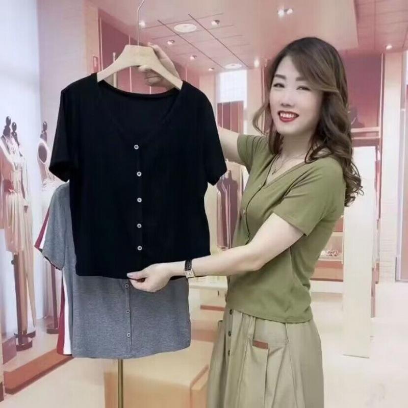 Three-Quarter - Tシャツ レディース Vネック 短袖 モダール 弾力 修身 気質 通勤 都市風 軽薄 透気 純色 白色 ブラック グリーン 秋冬