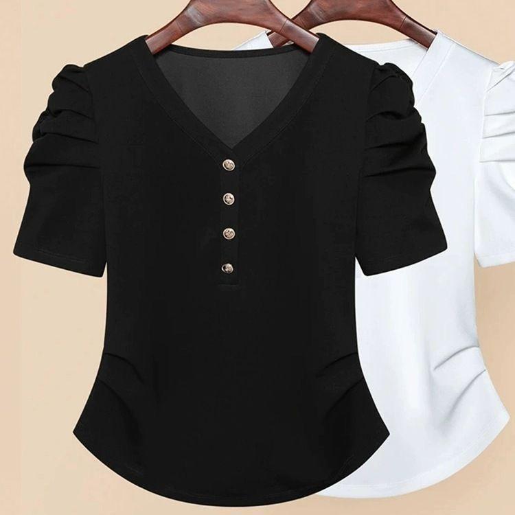 Tシャツ レディース 春夏 短袖 Vネック 泡泡袖 フレンチスタイル プリーツ 修身 ポリエステル 接触冷感 軽量 免烫 ブラック ホワイト かわいい スリムフィット 日常使い カジュアル(4.0)