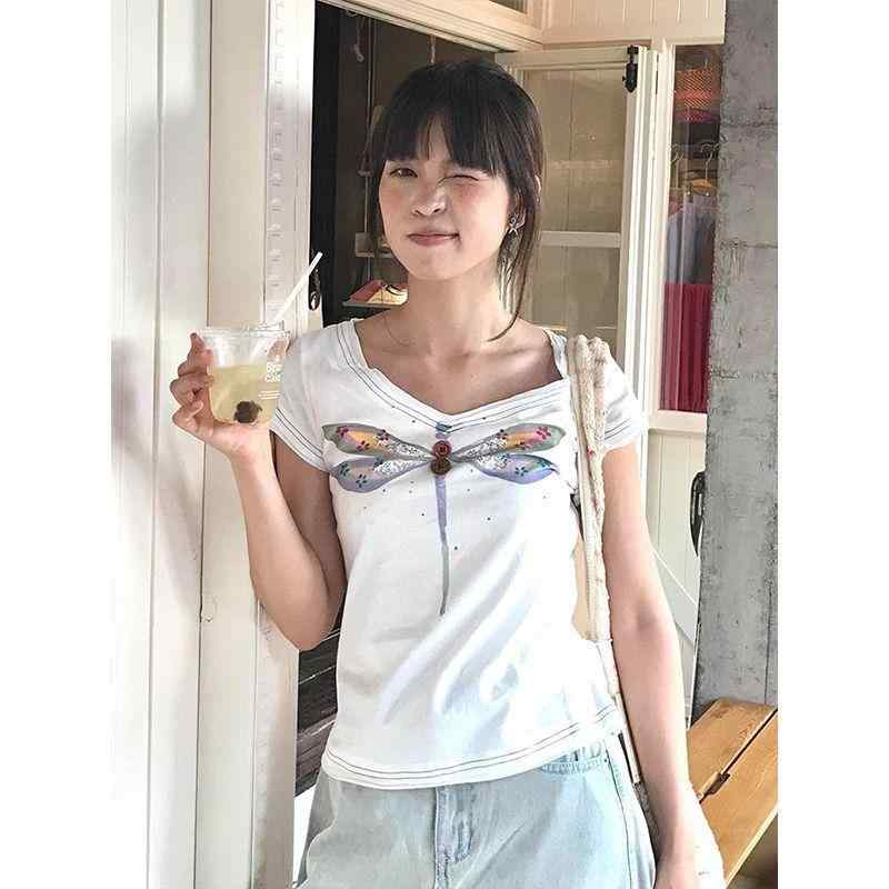 乐天商城 - Tシャツ 女性用 Vネック 短袖 修身 蜻蜓 手描きプリント 巻き縁 春夏 白 接触冷感 綿 軽量 伸縮性 通勤 普段使い カジュアル トップス シャツ 私服