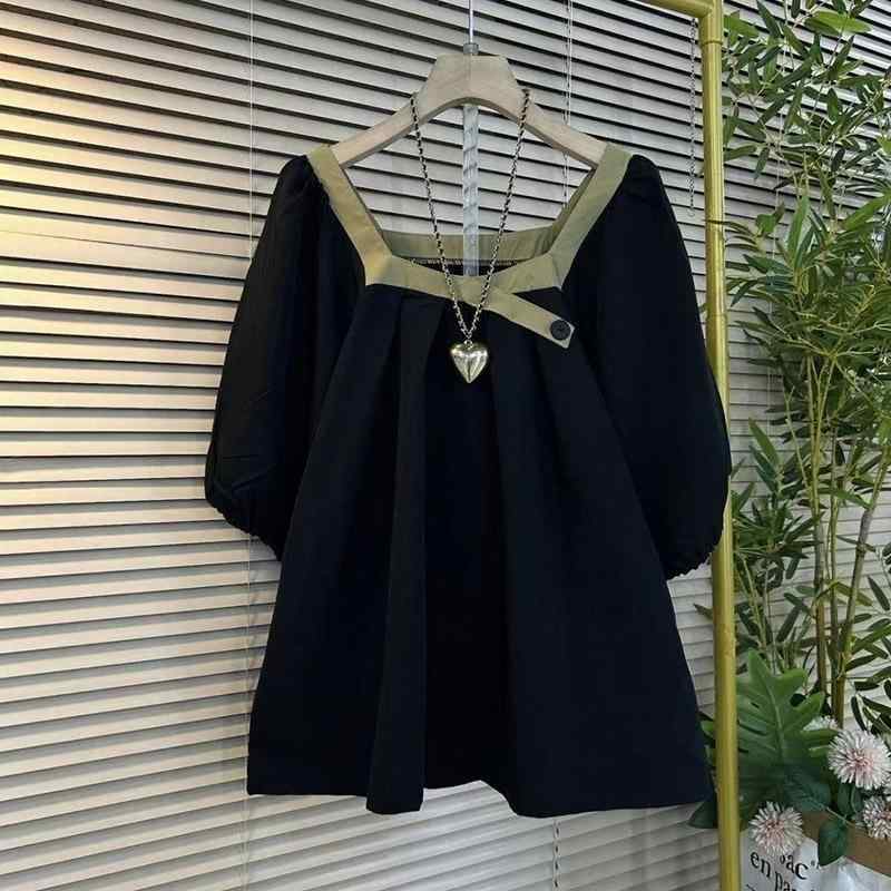 乐天商城 - ビッグサイズ トップス 女性用 法式 スクエアネック ゆったり フレンチスタイル 気質 通勤用 都市風 短袖 ブラウス 黒 緑 ポリエステル 95%以上 ゆったり シルエット ファッション 普段使い かわいい デザイン 軽量 伸縮性 吸湿速乾