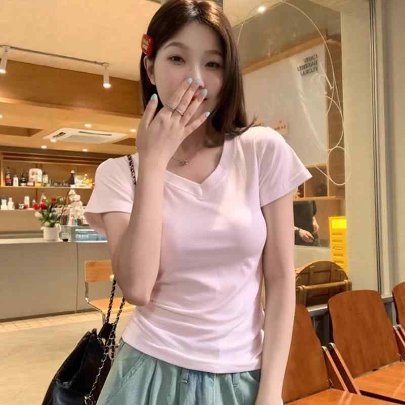 乐天商城 - レディース Tシャツ トップス 短袖 Vネック ピンク系 桜花色 綿 スパンデックス 混紡 修身シルエット 通勤用 普段使い 百搭 接触冷感 吸湿速乾 軽量 伸縮性 高温定型 夏 春夏 韓国風 日韓スタイル シンプル 清純 かわいい 上品 カジュアル 薄
