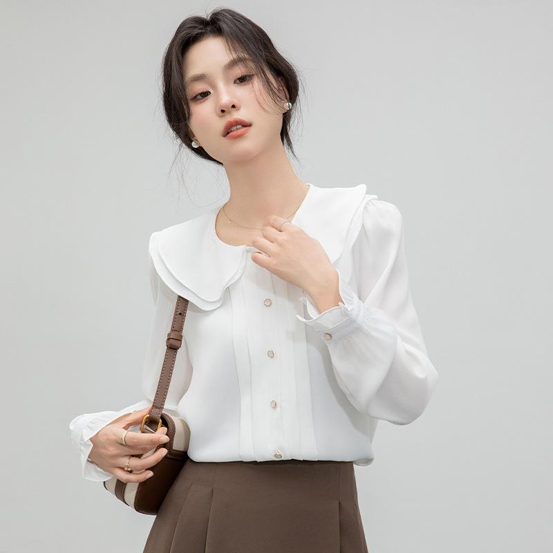 シャツ 女性用 白色 純色 短丈 長袖 開襟 シングルブレスト 多ボタン ドルマンスリーブ フリル フレア ゆったりシルエット 娃人形襟 切り替え デザイン シフォン ポリエステル 混紡 スパンデックス 伸縮性 通勤 気質 スタイル 軽やか 涼感 春夏