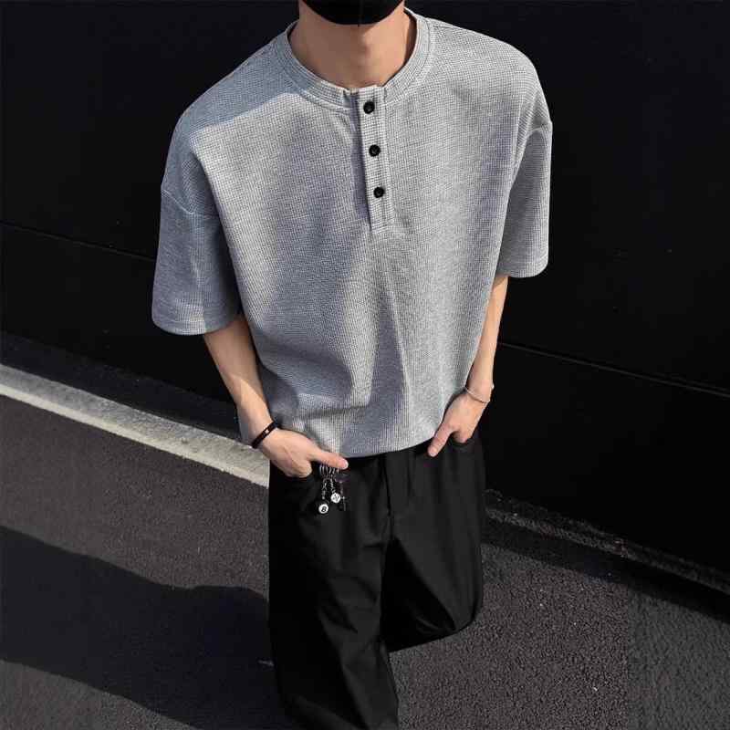 Tシャツ メンズ 春夏 ワッフル素材 ヘンリーネック ボタン Vネック 無地 半袖 ビッグシルエット アメカジ トップス 着心地抜群 普段使い