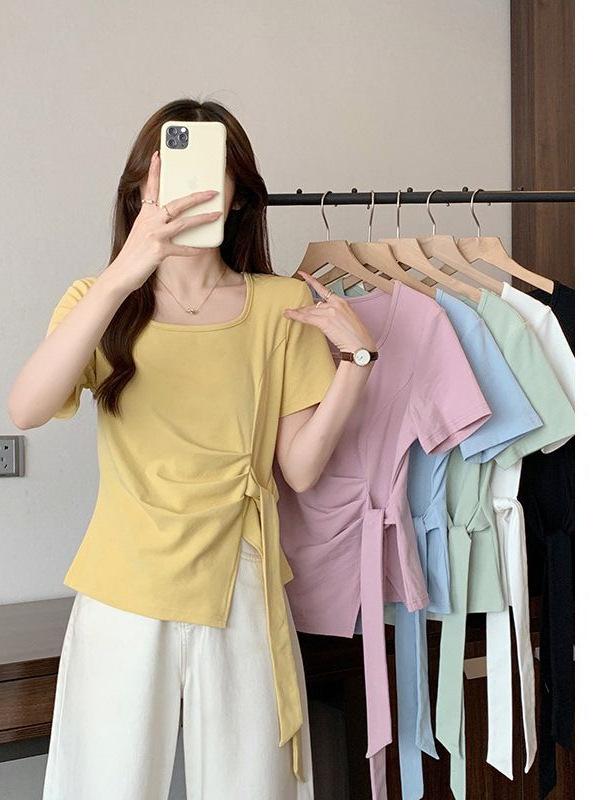 乐天商城 - Tシャツ 女性用 夏 通勤 かわいい 法式 短袖 方領 不規則プリーツ 開き 紐 スリム 正肩 Uネック 切り替え 綿ポリエステル ブラック ホワイト ライトブルー イエロー グリーン パープル オレンジ ネイビー 快適 気質 セットインスリーブ 普通丈