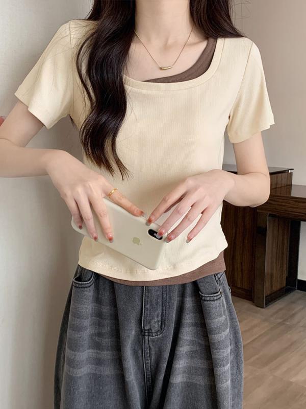 Other - Tシャツ 女性用 夏 春夏 方領 短袖 修身 スリム 短丈 偽ツーピース 切り替え 綿 スパンデックス 接触冷感 吸湿速乾 ピッタリシルエット かわいい 私服 軽量 伸縮性 ブラック ホワイト グレー ピンク ブラウン 通勤 普段使い