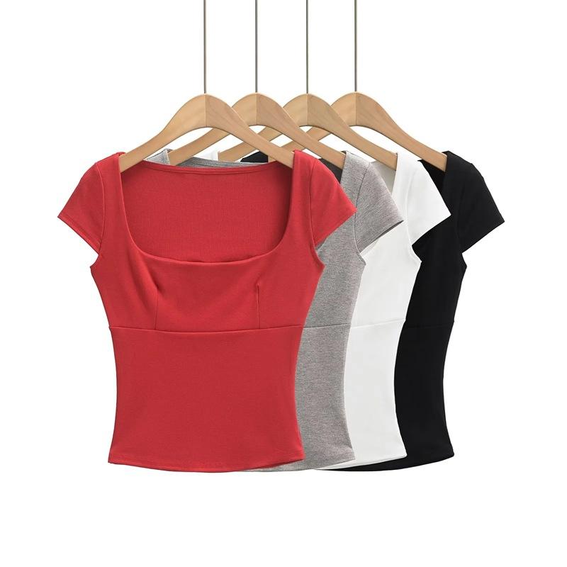 Tシャツ 女性用 春夏 短袖 方領 ロックボーン 修身 短丈 上衣 かわいい デザイン 私服 気質 甘辛風 接触冷感 リヨセル スパンデックス 伸縮性 軽量 ブラック ホワイト グレー系 赤系 S M