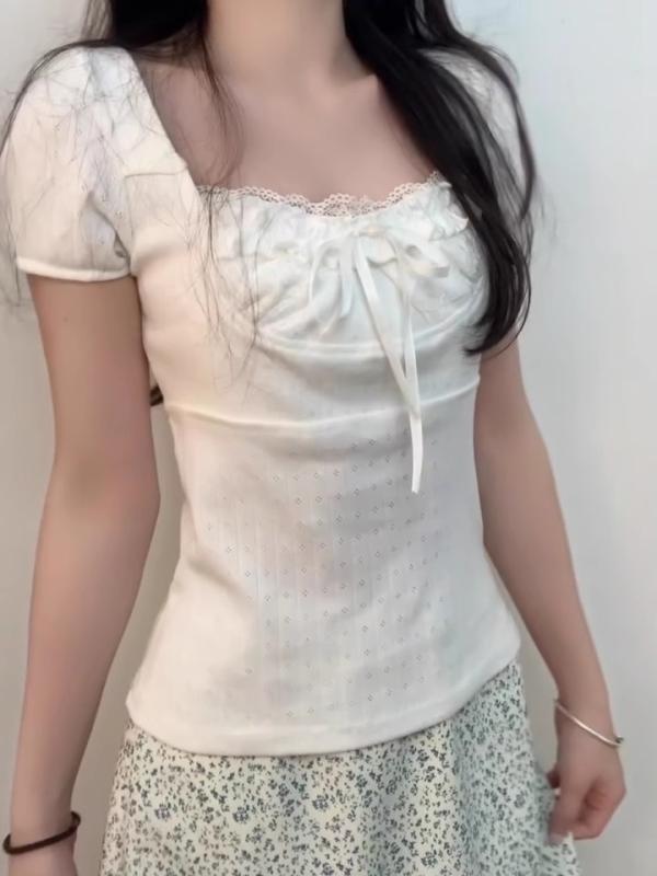 乐天商城 - Tシャツ 女性用 夏 短袖 綿 接触冷感 方領 セットインスリーブ バレエ風 蝶結び デザイン 修身 スリムフィット トップス かわいい 韓国風 カジュアル 日常使い 軽量 吸湿速乾 白色 ピュアカラー