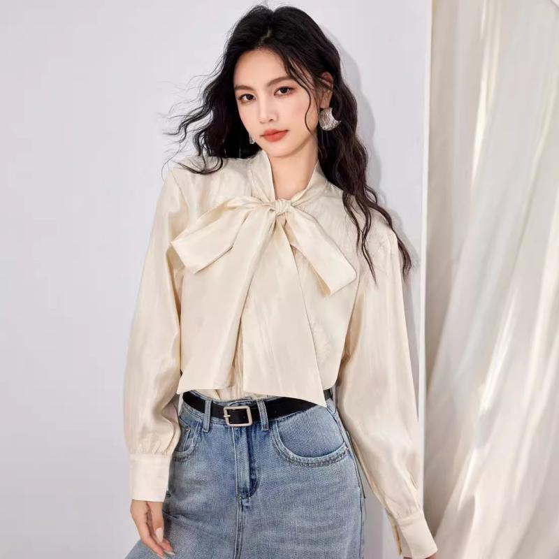 Rakuten - シャツ 女性用 香槟色 Vネック 泡泡袖 蝶結 リボン 雪紡 ポリエステル スパンデックス 混紡 接触冷感 軽量 通気性 秋冬 春夏 私服 気質 優雅 デザイン ワイドシルエット 長袖 トップス ブラウス インナー