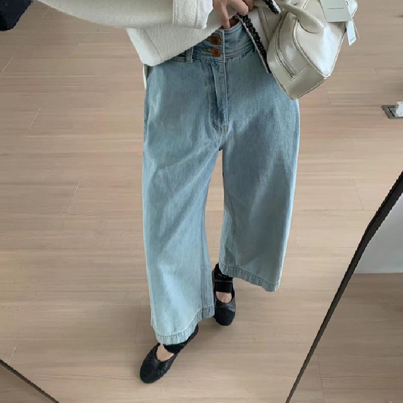 レディース デニムパンツ 直筒 高腰 ワイドレッグ 長ズボン 綿素材 微弾力 ポケット 付き 日韓 カジュアル スタイル ブルー ホワイト ピンク 普段使い 通勤 春夏 軽量 伸縮 デニム 生地 膝下丈 ゆったり シルエット ポケット デザイン 膝上丈
