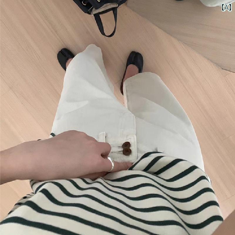 シャドーテールのレディース デニムパンツ 直筒 高腰 ワイドレッグ 長ズボン 綿素材 微弾力 ポケット 付き 日韓 カジュアル スタイル ブルー ホワイト ピンク 普段使い 通勤 春夏 軽量 伸縮 デニム 生地 膝下丈 ゆったり シルエット ポケット デザイン 膝上丈｜アングル2