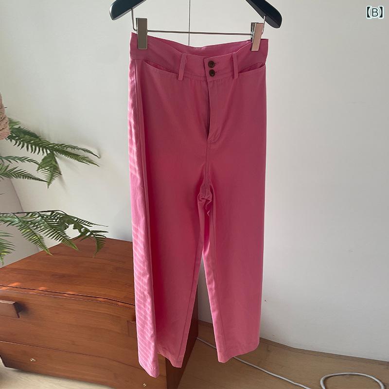 シャドーテールのレディース デニムパンツ 直筒 高腰 ワイドレッグ 長ズボン 綿素材 微弾力 ポケット 付き 日韓 カジュアル スタイル ブルー ホワイト ピンク 普段使い 通勤 春夏 軽量 伸縮 デニム 生地 膝下丈 ゆったり シルエット ポケット デザイン 膝上丈｜アングル3