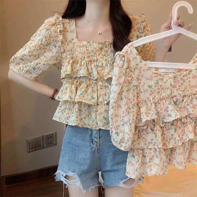 Other - シャツ 女性用 春夏 方領 フリル 短袖 シフォン フラワー柄 プリント ボタン 切り替え 黄色 ピンク 伸縮性 軽量 通勤 普段使い かわいい トップス